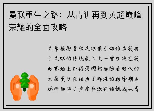曼联重生之路：从青训再到英超巅峰荣耀的全面攻略